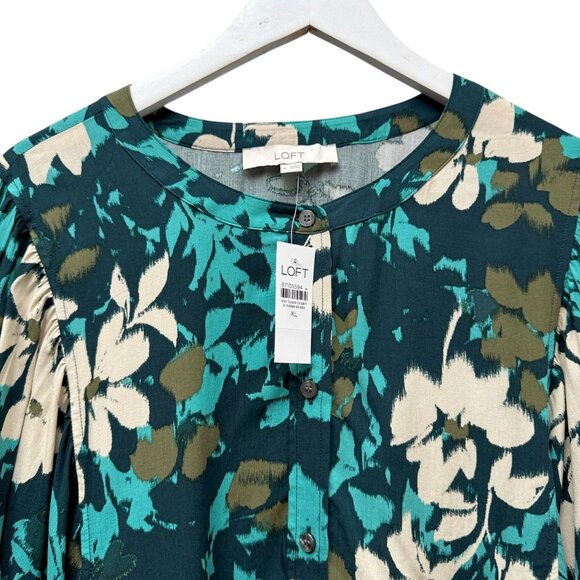 LOFT Blouse Size XL Teal Floral Flowy Womens Top Rayon Long Sleeve NWT - Picture 4 of 10